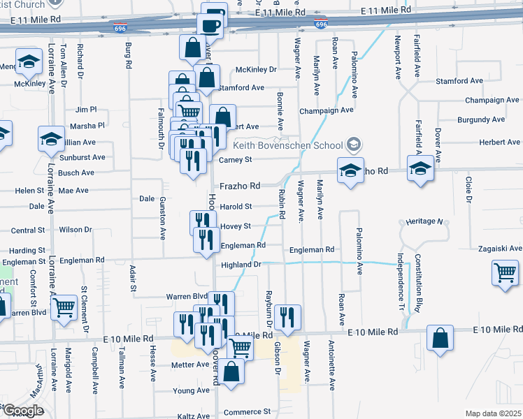 map of restaurants, bars, coffee shops, grocery stores, and more near 11832 Harold Street in Warren