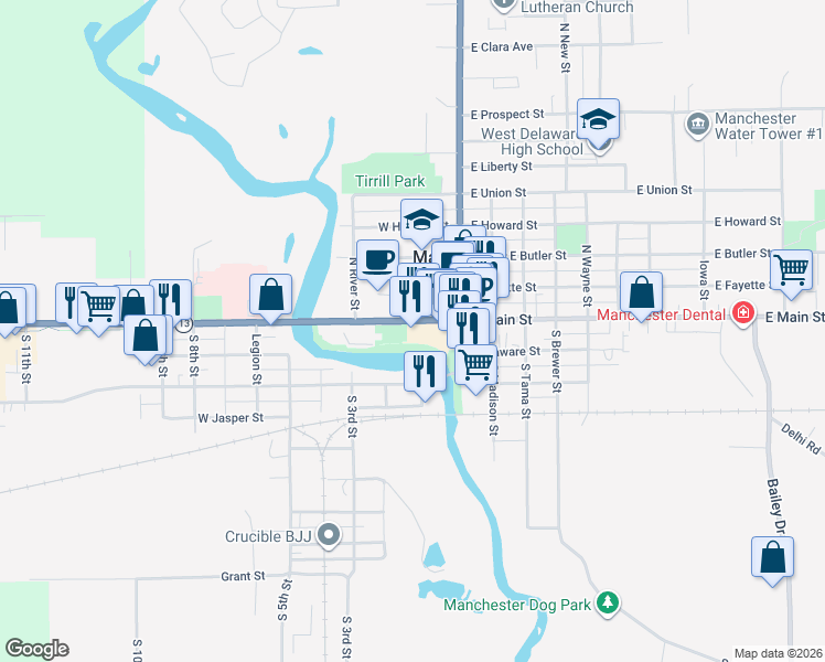 map of restaurants, bars, coffee shops, grocery stores, and more near 200 W Main St in Manchester