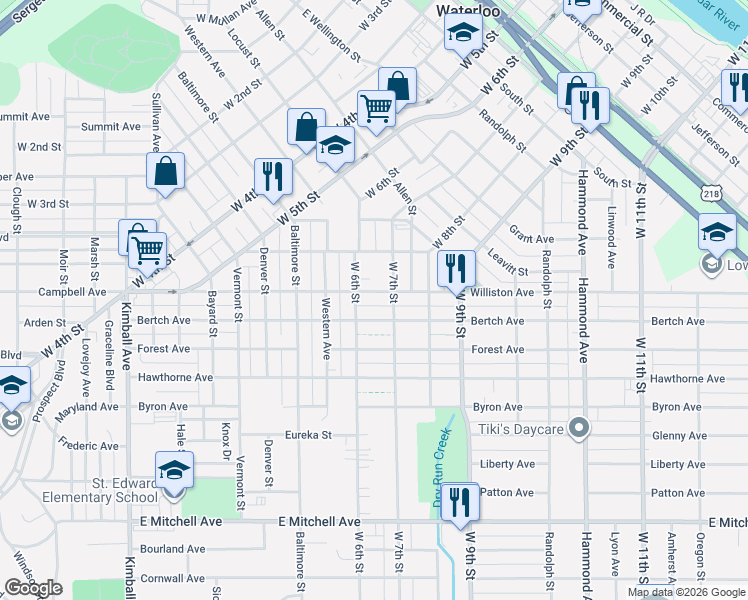 map of restaurants, bars, coffee shops, grocery stores, and more near 1324 West 7th Street in Waterloo