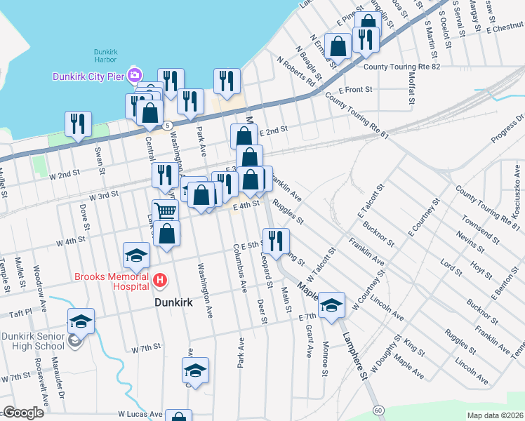 map of restaurants, bars, coffee shops, grocery stores, and more near 431 Leopard Street in Dunkirk