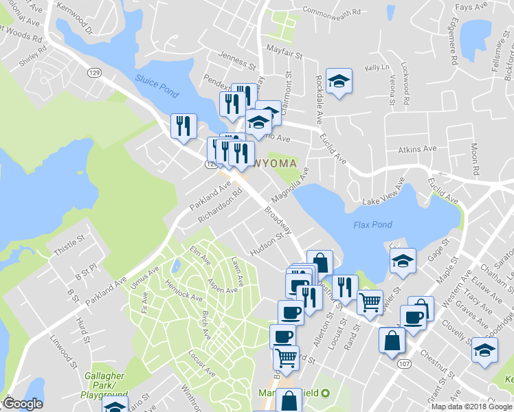 map of restaurants, bars, coffee shops, grocery stores, and more near 377 Broadway in Lynn