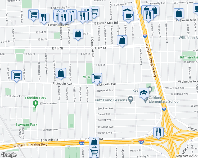 map of restaurants, bars, coffee shops, grocery stores, and more near 716 South Edison Avenue in Royal Oak