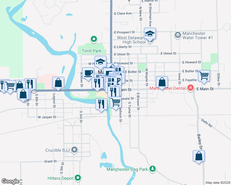 map of restaurants, bars, coffee shops, grocery stores, and more near 200 South Franklin Street in Manchester