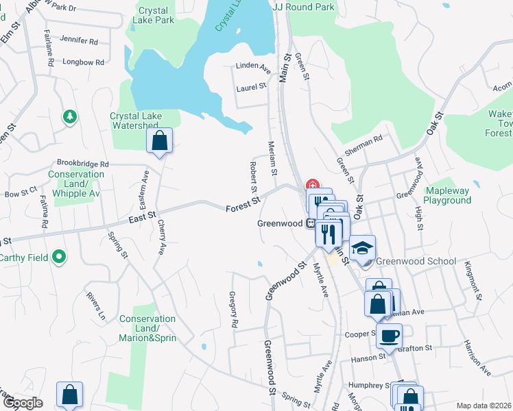 map of restaurants, bars, coffee shops, grocery stores, and more near 17 Forest Road in Wakefield