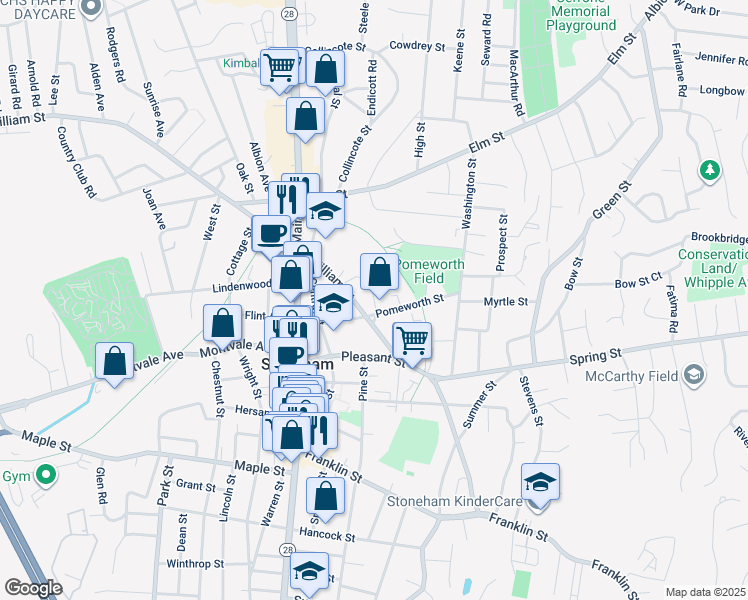 map of restaurants, bars, coffee shops, grocery stores, and more near 46 William Street in Stoneham