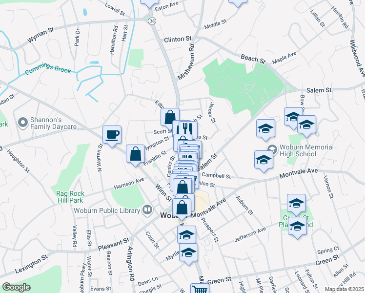 map of restaurants, bars, coffee shops, grocery stores, and more near 505 Main Street in Woburn