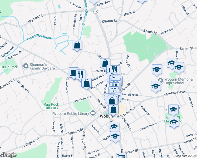 map of restaurants, bars, coffee shops, grocery stores, and more near 33 Franklin Street in Woburn