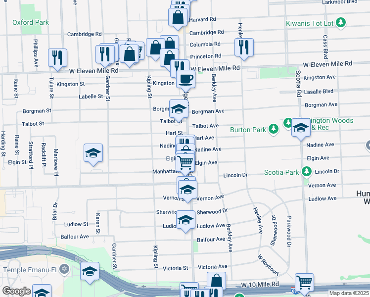map of restaurants, bars, coffee shops, grocery stores, and more near 26135 Coolidge Highway in Oak Park