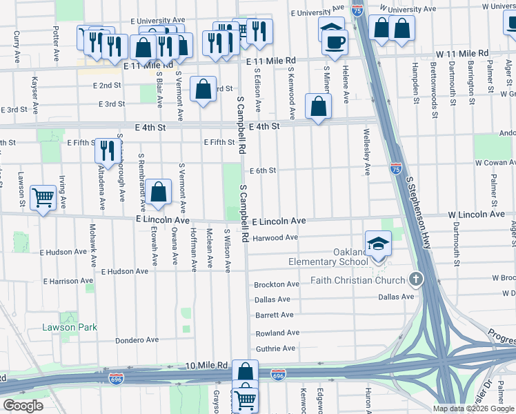 map of restaurants, bars, coffee shops, grocery stores, and more near 716 South Edison Avenue in Royal Oak