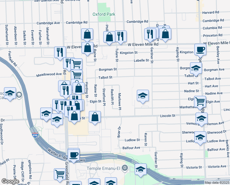 map of restaurants, bars, coffee shops, grocery stores, and more near 26010 Marlowe Place in Oak Park
