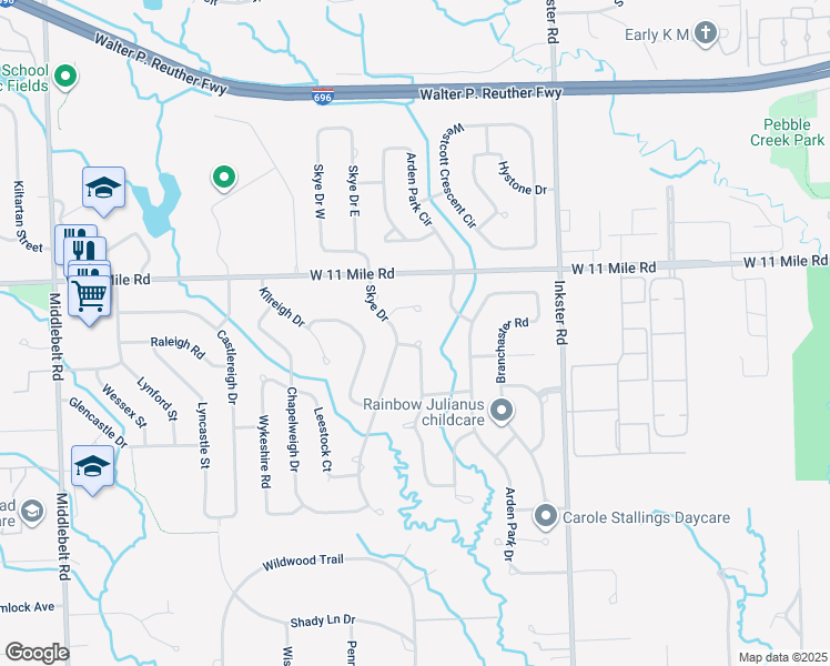 map of restaurants, bars, coffee shops, grocery stores, and more near 25598 Briarwyke Drive in Farmington Hills