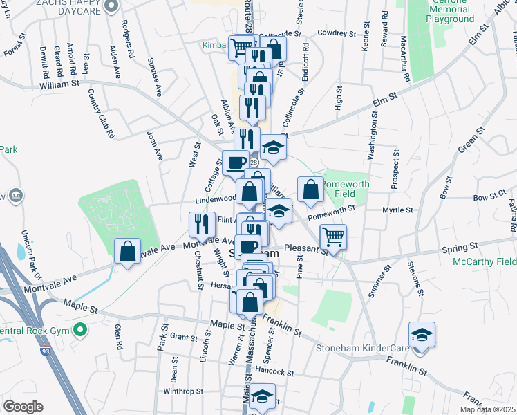 map of restaurants, bars, coffee shops, grocery stores, and more near 270 Main Street in Stoneham