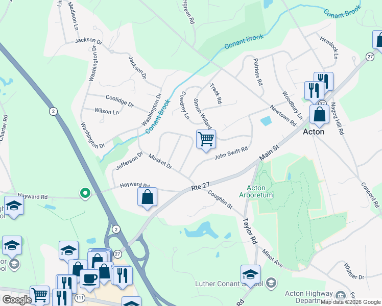 map of restaurants, bars, coffee shops, grocery stores, and more near 26 Revolutionary Road in Acton