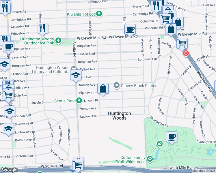map of restaurants, bars, coffee shops, grocery stores, and more near 10523 Hart Avenue in Huntington Woods