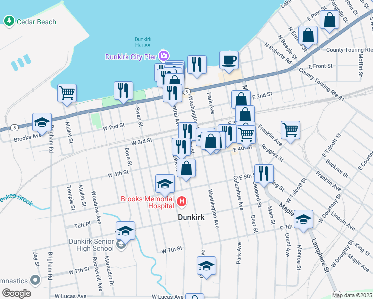 map of restaurants, bars, coffee shops, grocery stores, and more near 319-321 Central Avenue in Dunkirk