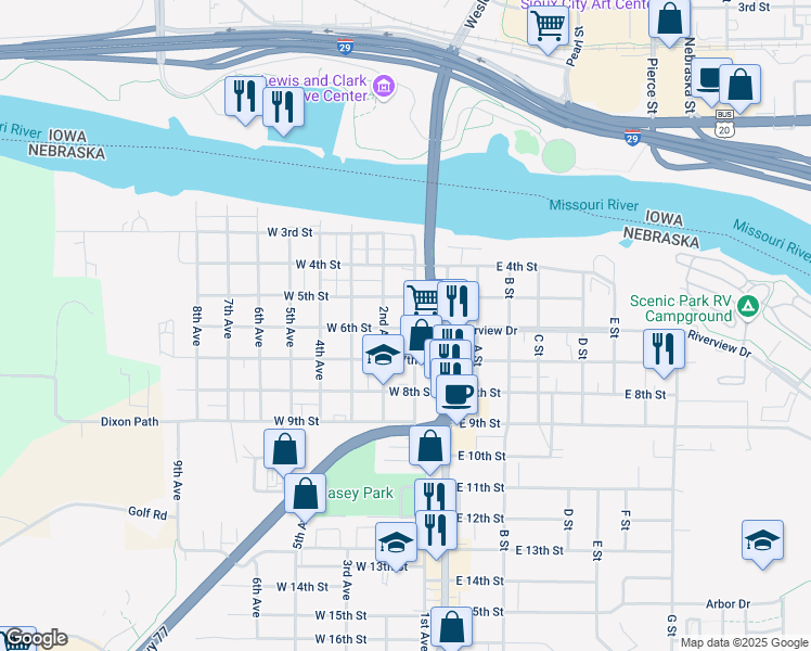 map of restaurants, bars, coffee shops, grocery stores, and more near 500 1st Avenue in South Sioux City