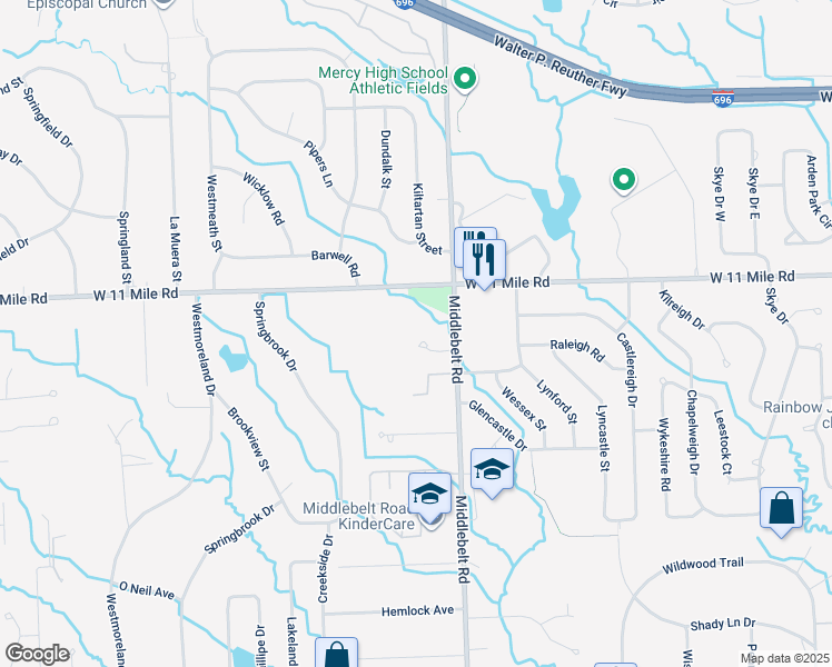 map of restaurants, bars, coffee shops, grocery stores, and more near 29613-29743 West Eleven Mile Road in Farmington Hills