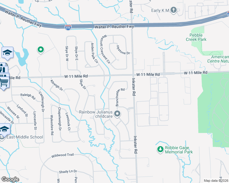 map of restaurants, bars, coffee shops, grocery stores, and more near 25934 Branchaster Road in Farmington Hills