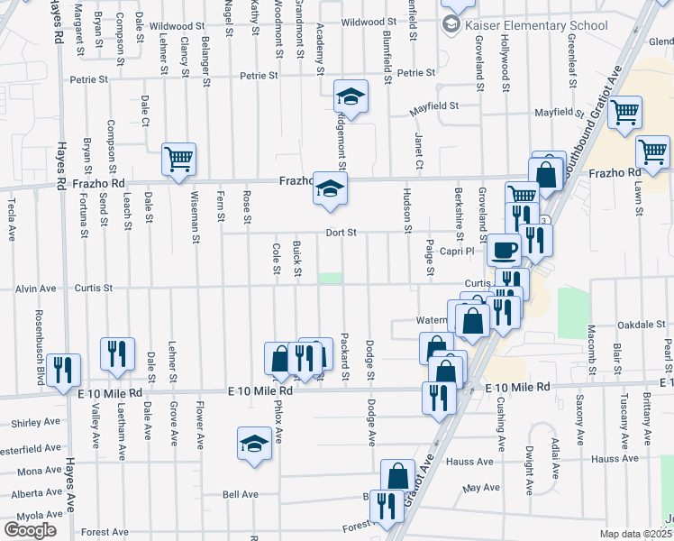 map of restaurants, bars, coffee shops, grocery stores, and more near 25539 Packard Street in Roseville