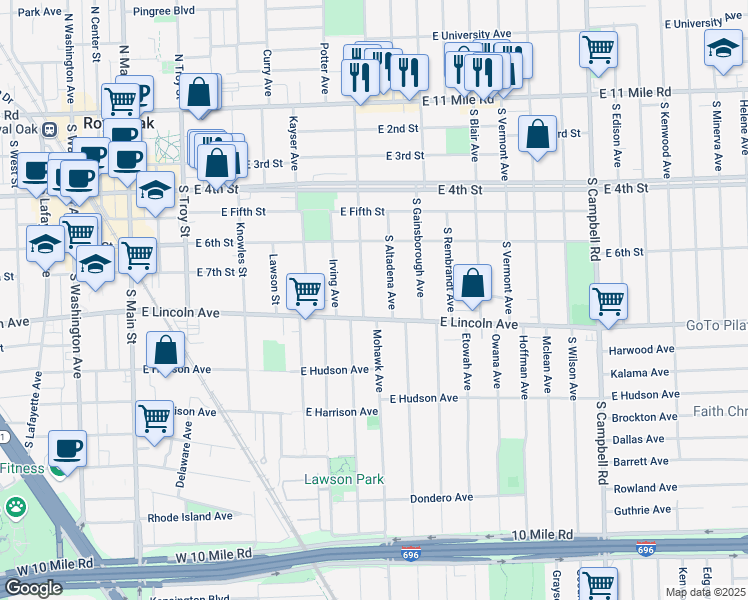 map of restaurants, bars, coffee shops, grocery stores, and more near 702 South Altadena Avenue in Royal Oak
