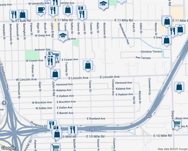 map of restaurants, bars, coffee shops, grocery stores, and more near 26053 Tawas Court in Madison Heights