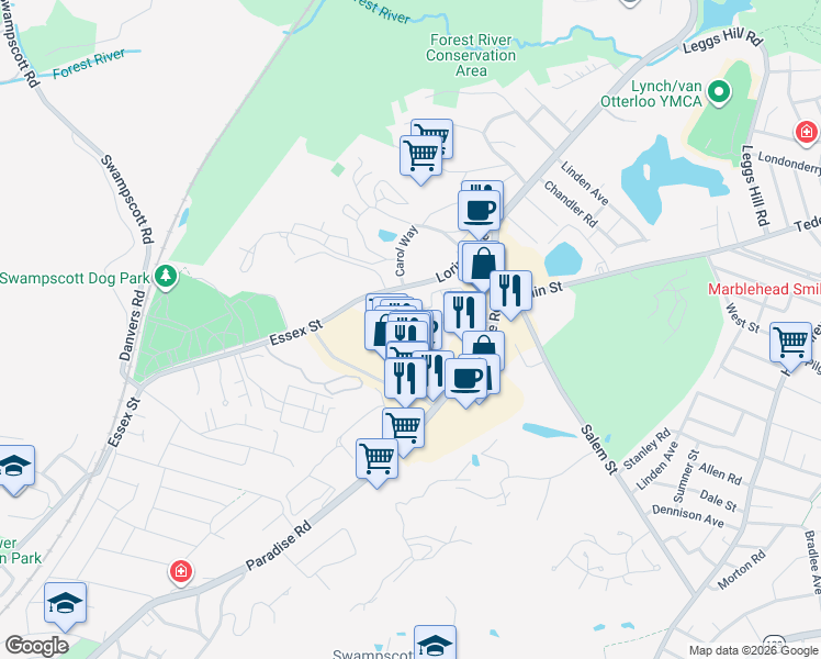 map of restaurants, bars, coffee shops, grocery stores, and more near 63 Loring Avenue in Salem