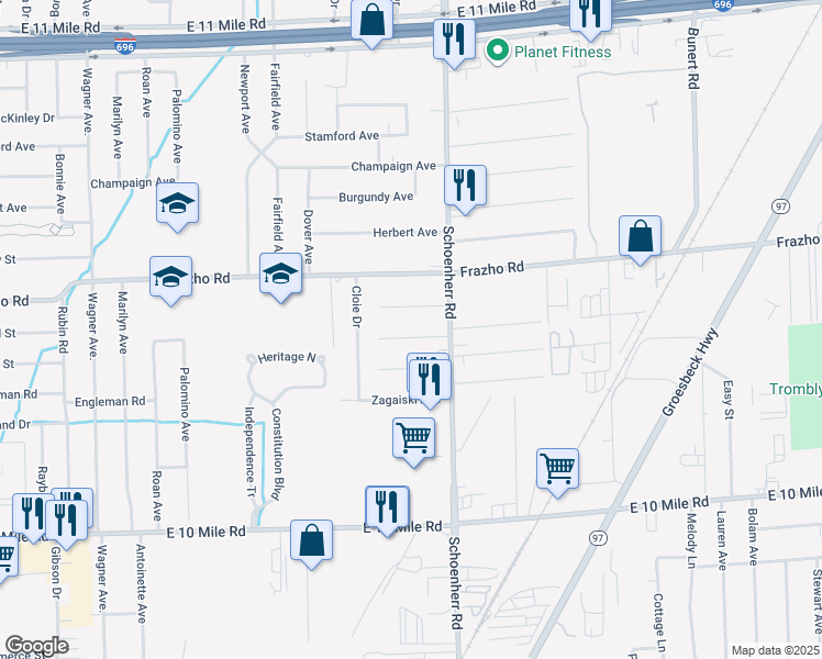 map of restaurants, bars, coffee shops, grocery stores, and more near 13424 Brainwood Avenue in Warren