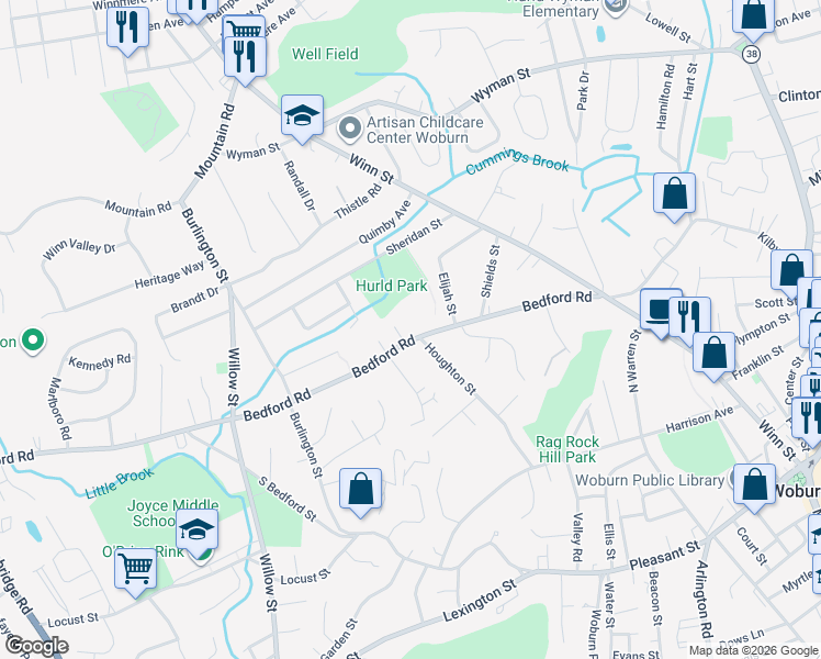 map of restaurants, bars, coffee shops, grocery stores, and more near 79 Bedford Road in Woburn