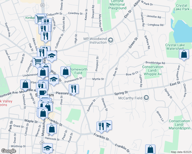 map of restaurants, bars, coffee shops, grocery stores, and more near 20 Washington Avenue in Stoneham