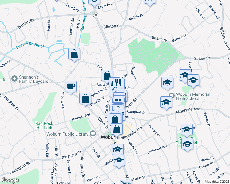 map of restaurants, bars, coffee shops, grocery stores, and more near 533 Main Street in Woburn
