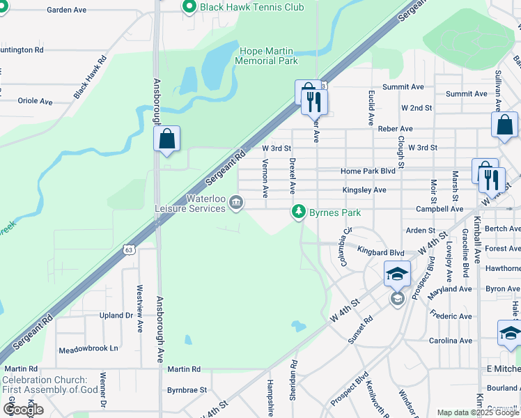 map of restaurants, bars, coffee shops, grocery stores, and more near 933 Kingsley Ave in Waterloo