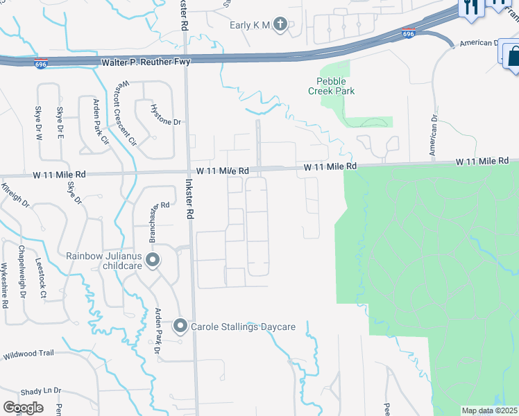 map of restaurants, bars, coffee shops, grocery stores, and more near 26651 Stanford Drive East in Southfield