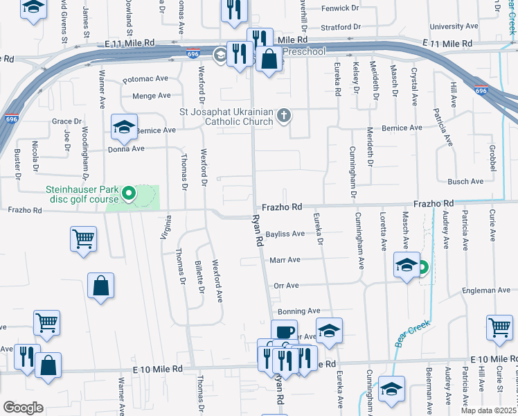 map of restaurants, bars, coffee shops, grocery stores, and more near 4025 Frazho Rd in Warren