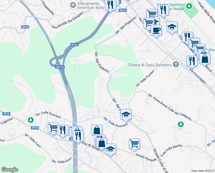 map of restaurants, bars, coffee shops, grocery stores, and more near 101 Strada del Palazzo in Pescara