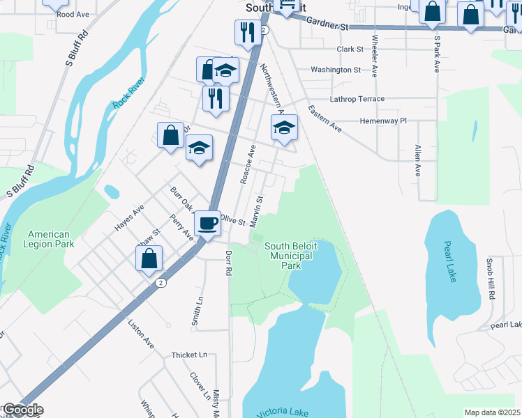 map of restaurants, bars, coffee shops, grocery stores, and more near 843 Marvin Street in South Beloit