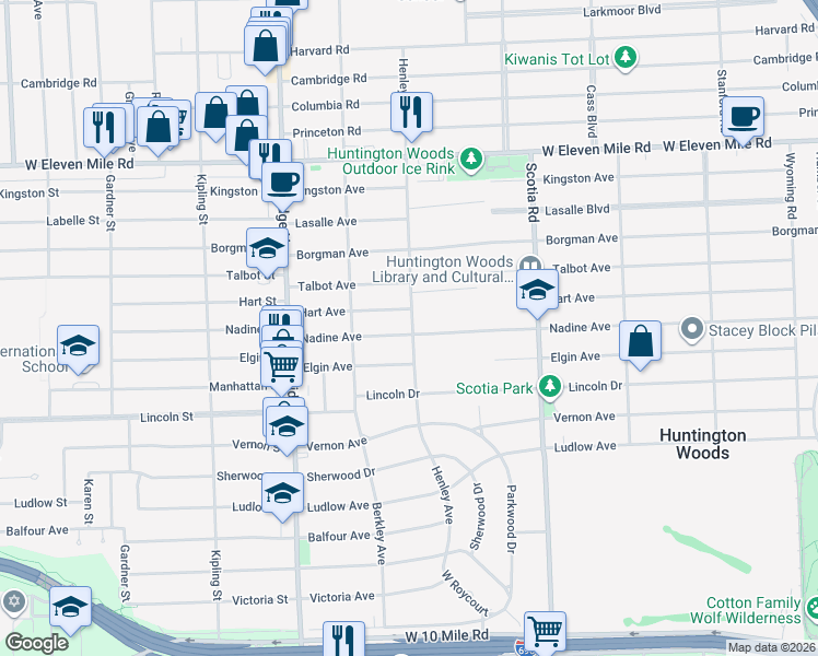 map of restaurants, bars, coffee shops, grocery stores, and more near 12959 Talbot Lane in Huntington Woods