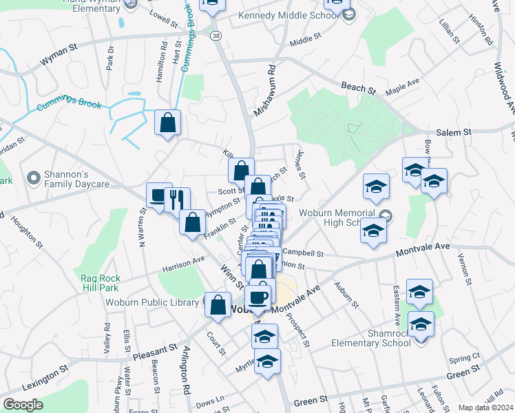 map of restaurants, bars, coffee shops, grocery stores, and more near 536 Main Street in Woburn