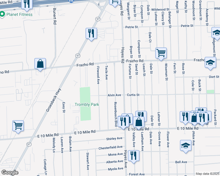map of restaurants, bars, coffee shops, grocery stores, and more near 25700 Tecla Avenue in Warren