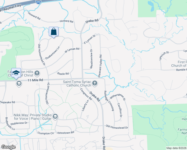 map of restaurants, bars, coffee shops, grocery stores, and more near 26082 Meadowview Drive in Farmington Hills