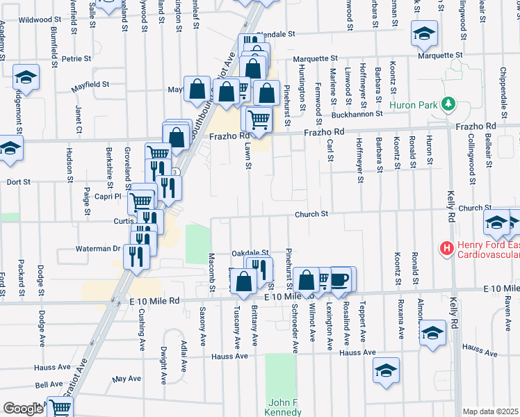map of restaurants, bars, coffee shops, grocery stores, and more near 25524 Lawn Street in Roseville