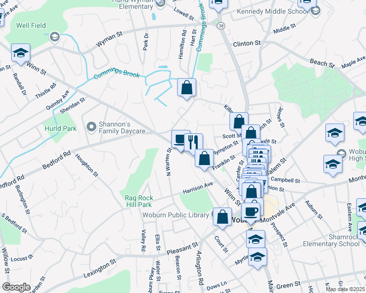 map of restaurants, bars, coffee shops, grocery stores, and more near 119 Winn Street in Woburn