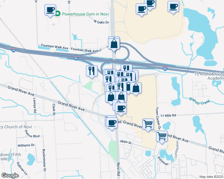 map of restaurants, bars, coffee shops, grocery stores, and more near 26401 Novi Road in Novi