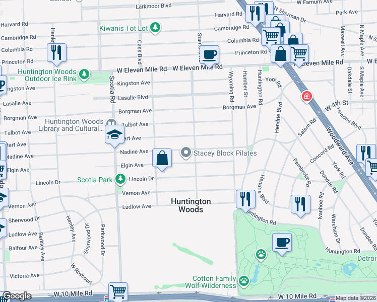 map of restaurants, bars, coffee shops, grocery stores, and more near 10431 Hart Avenue in Huntington Woods