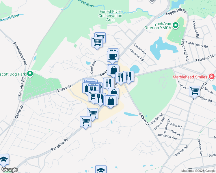 map of restaurants, bars, coffee shops, grocery stores, and more near 1006 Paradise Road in Swampscott