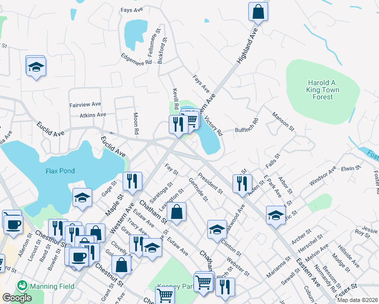 map of restaurants, bars, coffee shops, grocery stores, and more near in Lynn