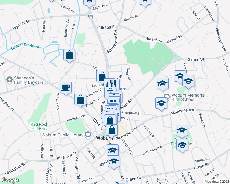 map of restaurants, bars, coffee shops, grocery stores, and more near 533 Main Street in Woburn
