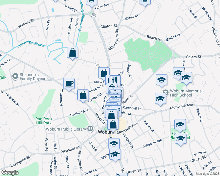 map of restaurants, bars, coffee shops, grocery stores, and more near 533 Main Street in Woburn