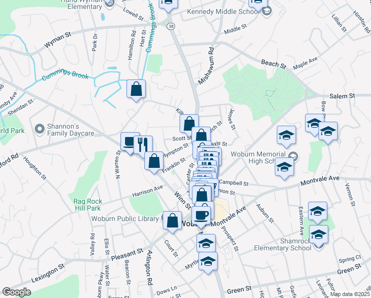 map of restaurants, bars, coffee shops, grocery stores, and more near 14 Johnson Street in Woburn