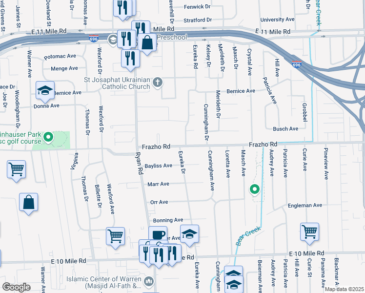 map of restaurants, bars, coffee shops, grocery stores, and more near 4385 Frazho Road in Warren