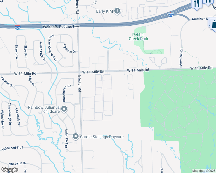 map of restaurants, bars, coffee shops, grocery stores, and more near 26666 Stanford Drive West in Southfield